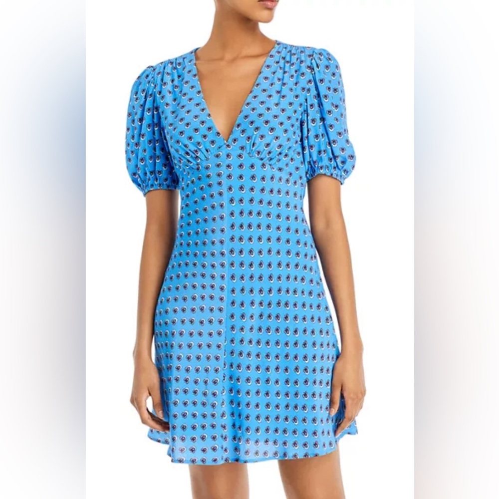 STAUD Blue Printed V-Neck Midi Dress